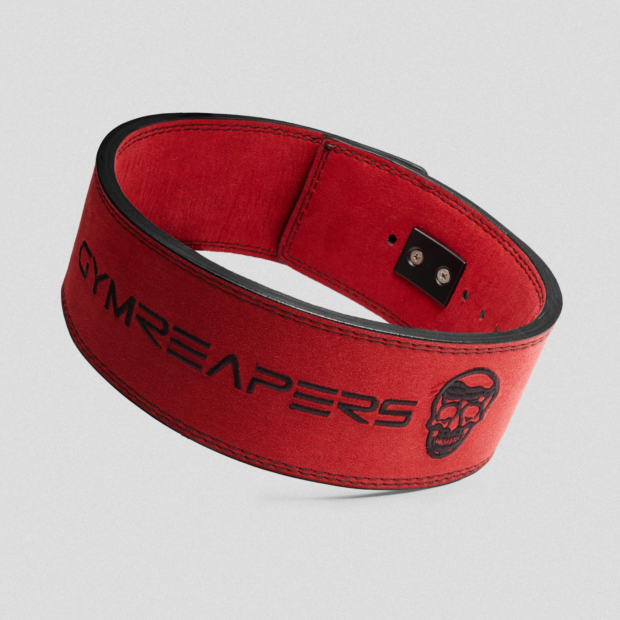 Premium Gymreapers 10mm lever belt red with lever attachment on belt.