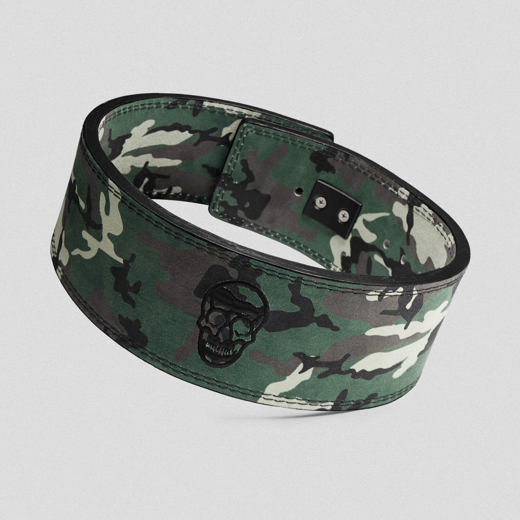 Premium Gymreapers 10mm Lever Belt Woodland Camo colorway with lever attachment on the belt.