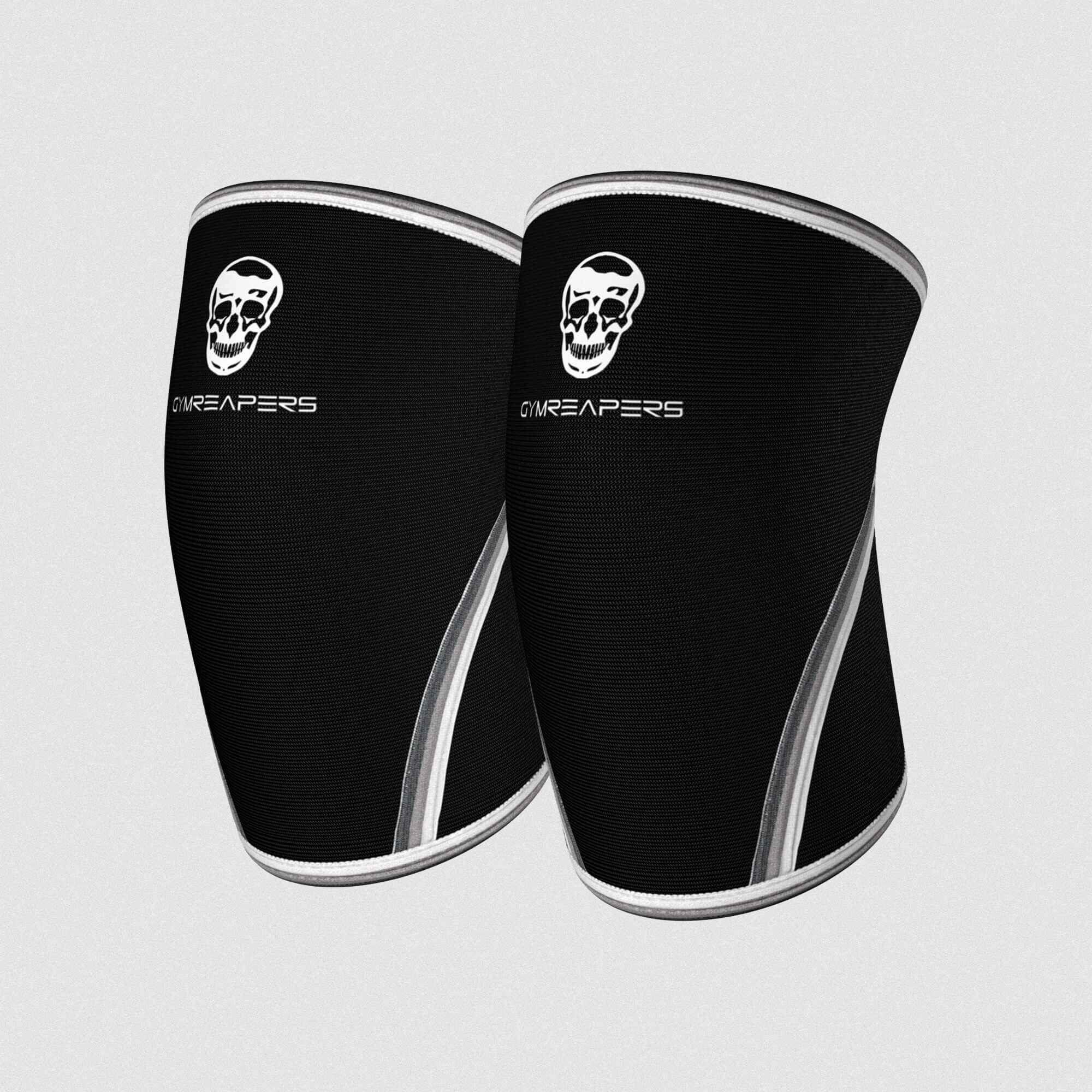 Premium Gymreapers 7mm knee sleeves black white colorway detail shot.