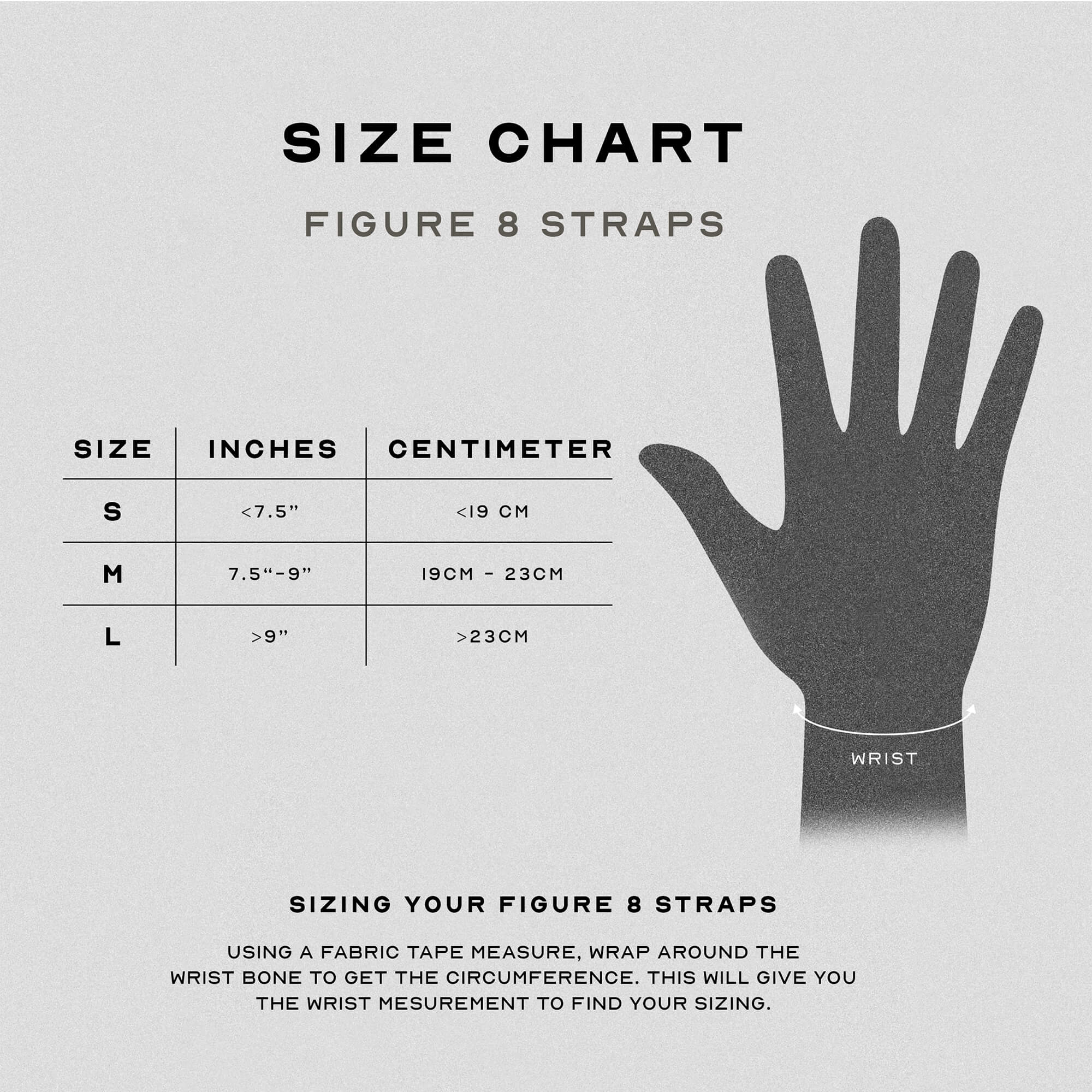 detailed figure 8 size chart with image on how to measure.