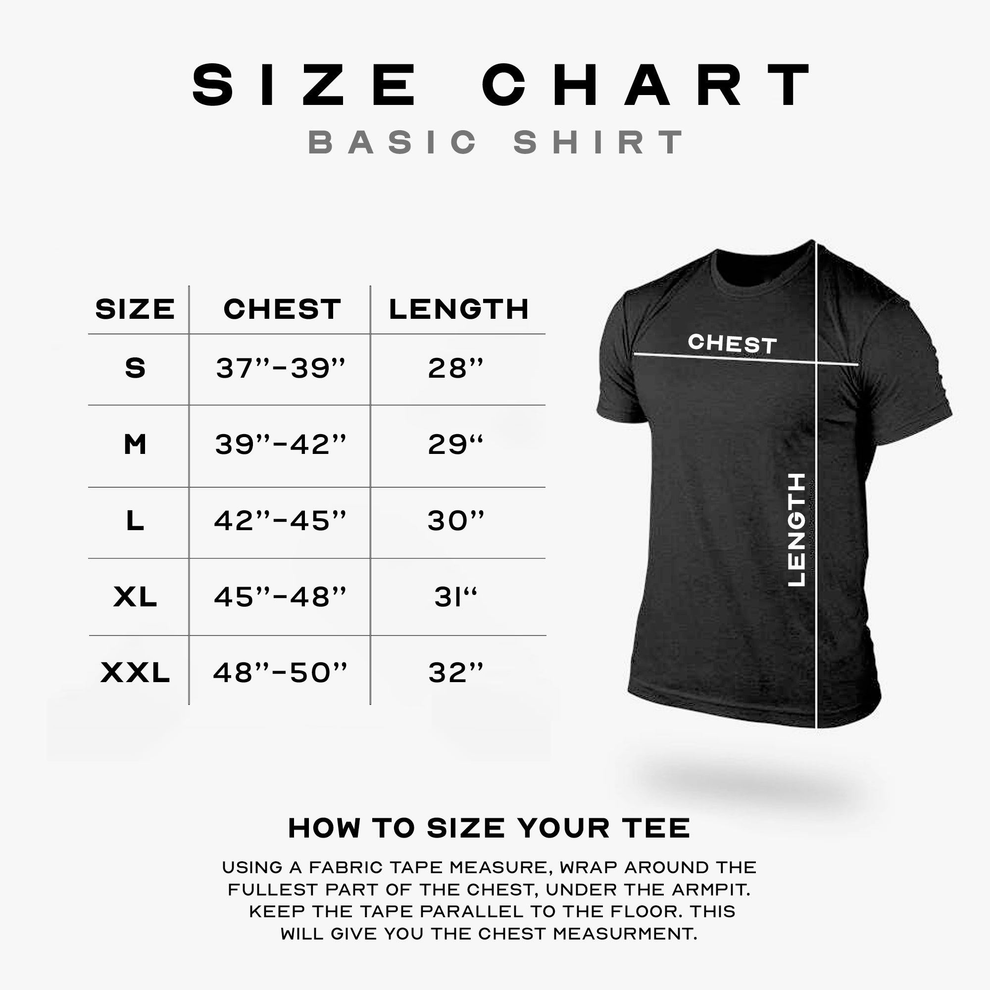 basic shirt size guide with measurements