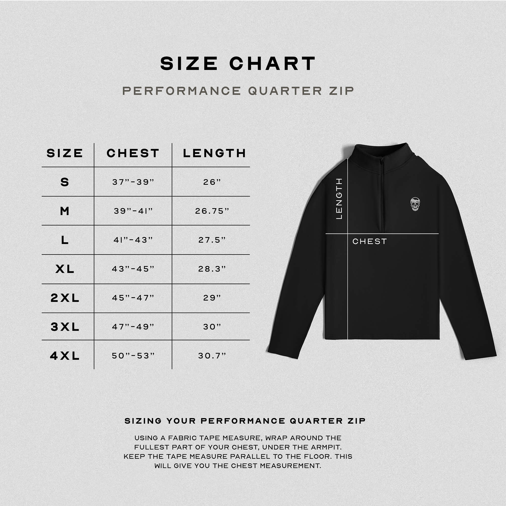 black quarter zip size guide