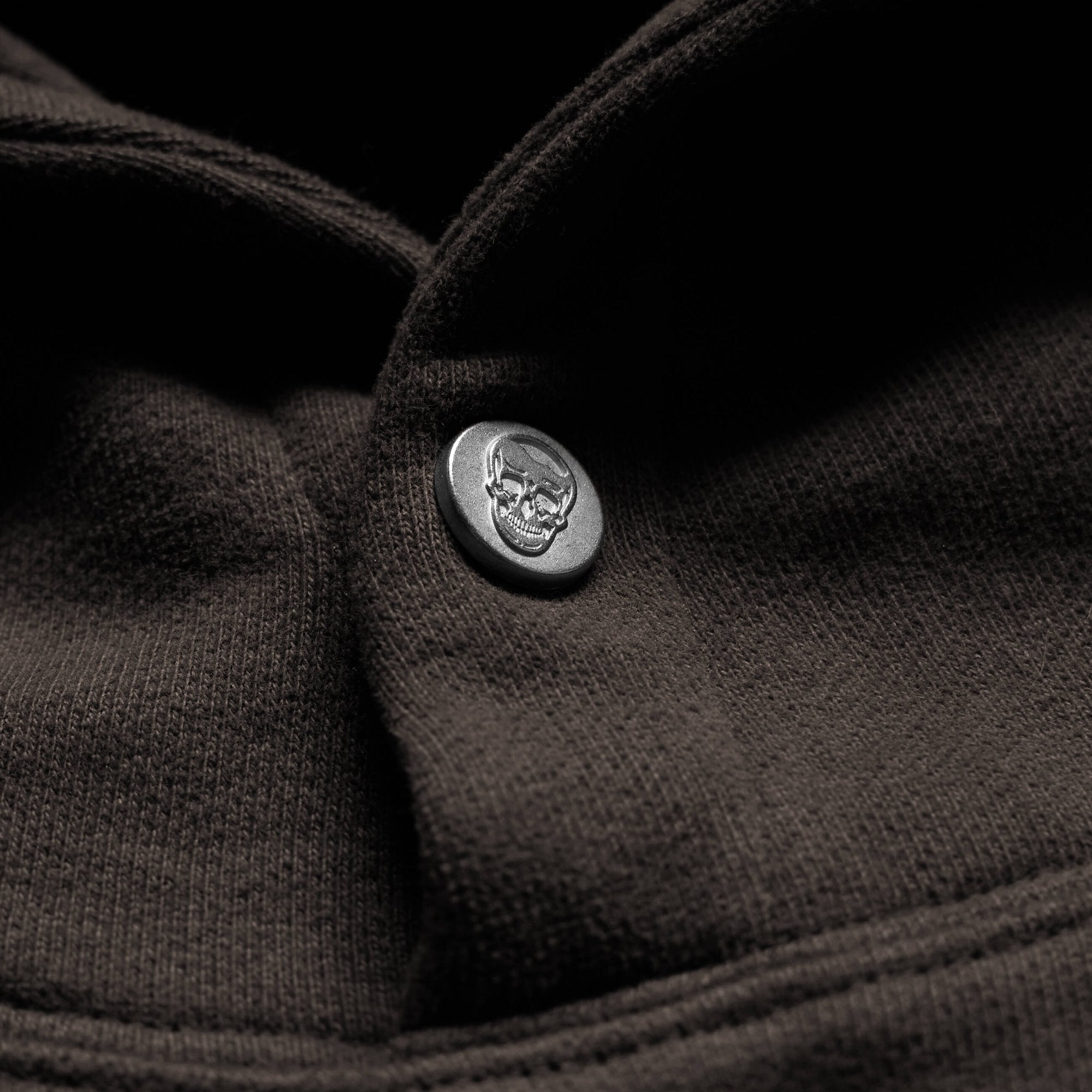 heavy weight hoodie toffee button up skull close up