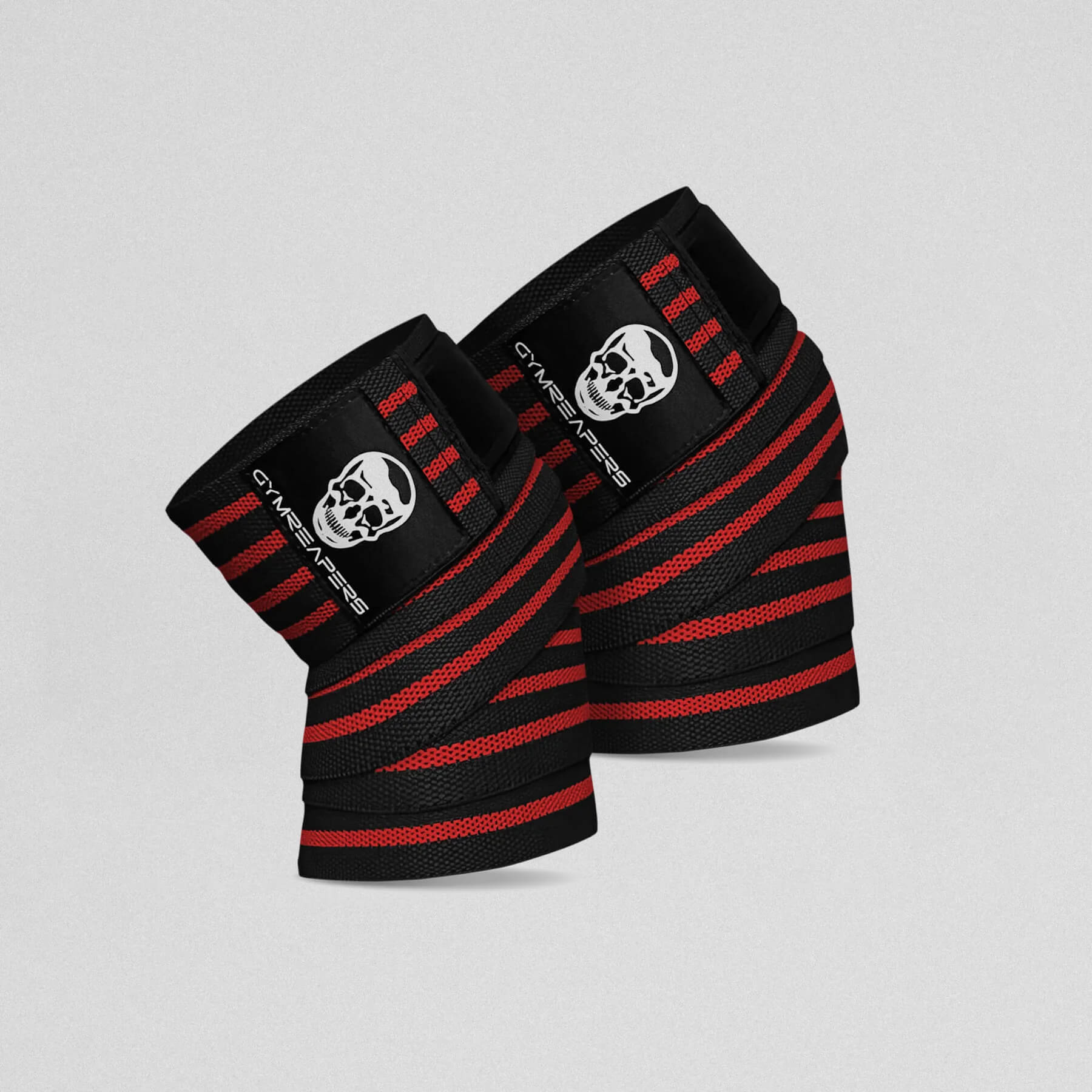 Gymreapers Knee Wraps in the black/red colorway close up shot.