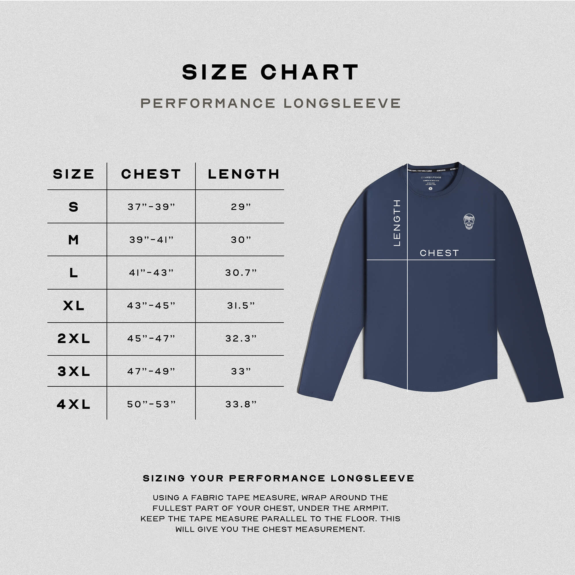 performance long sleeve navy size guide