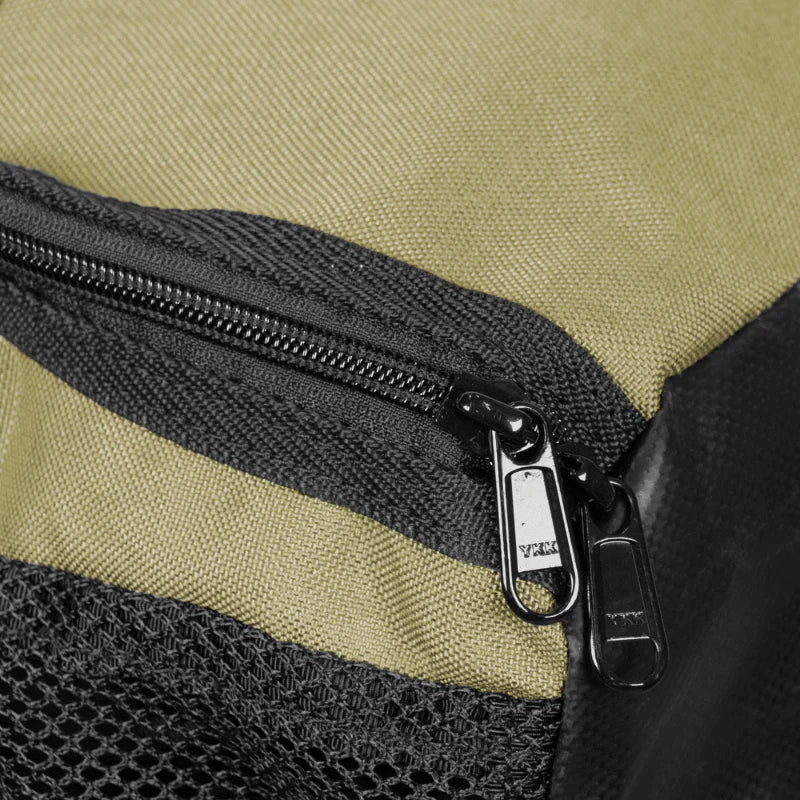 tombstone bag khaki zipper close up